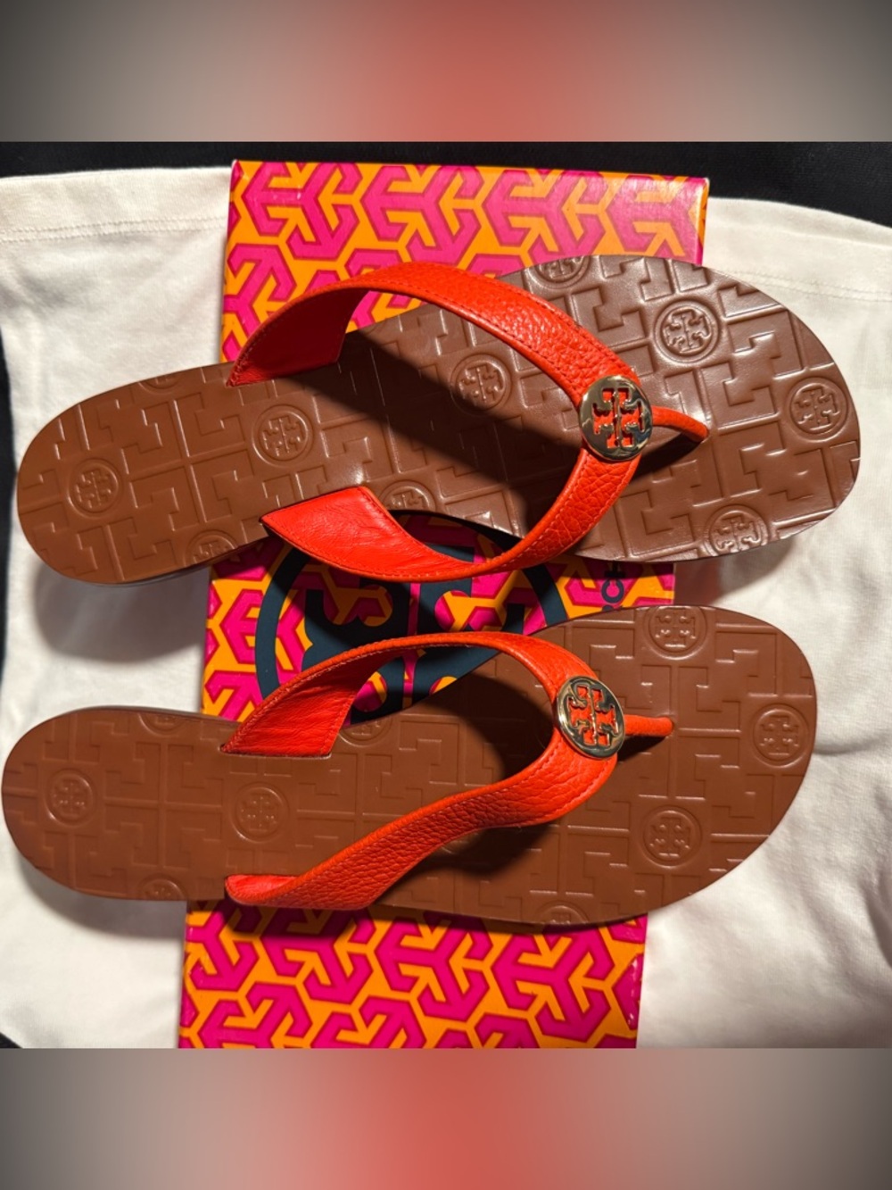 Tory Burch Thora Sandals Red-Orange Leather Logo New in Box